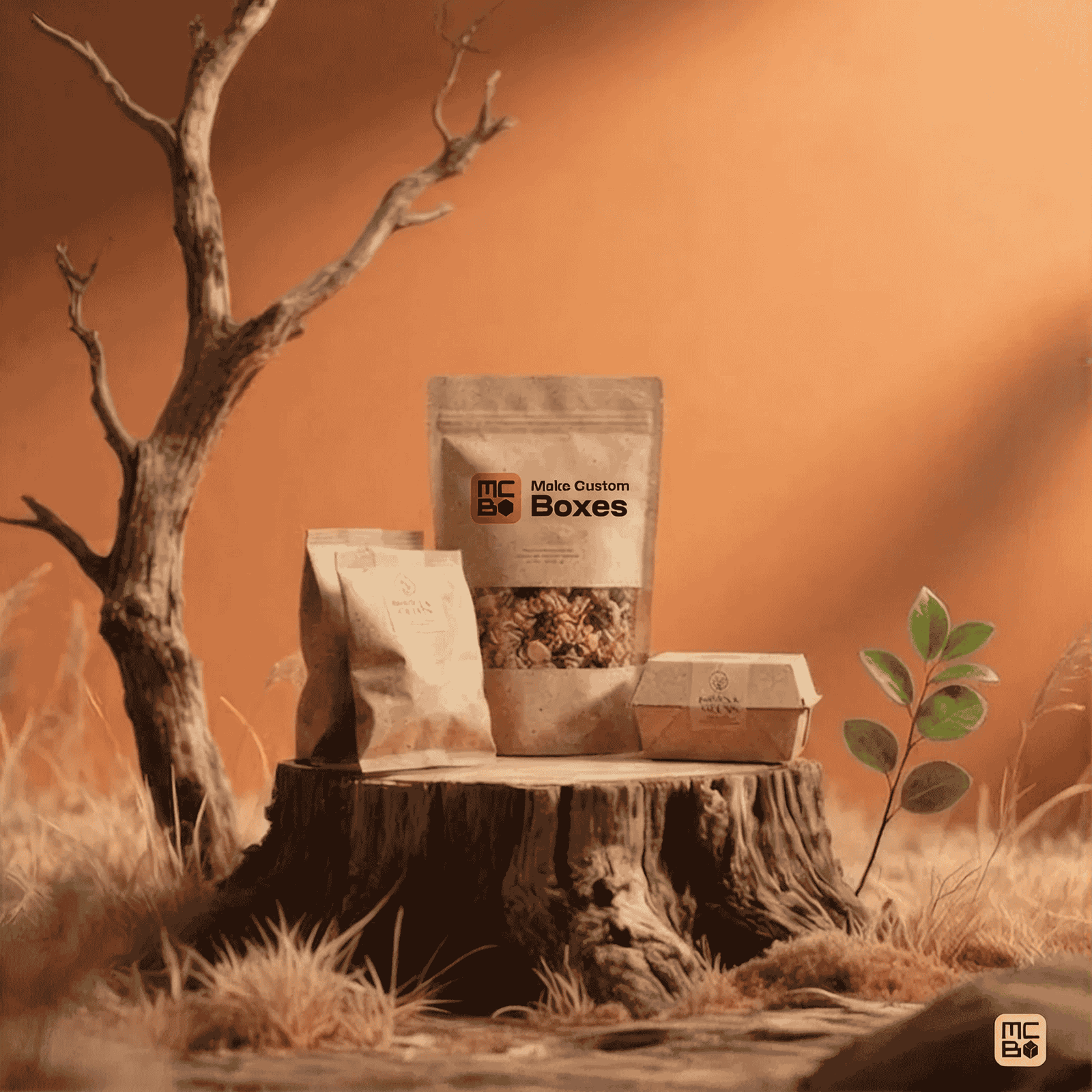 Eco-friendly food packaging displayed in a natural setting